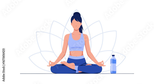Woman Practicing Meditation With Water Bottle on White Background Illustration