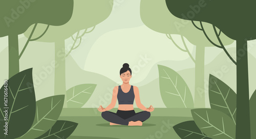 Woman Practicing Mindfulness Meditation in Green Forest Seeking Peace and Serenity