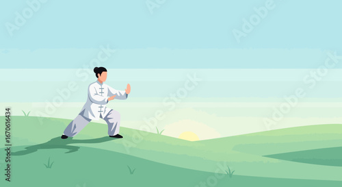 Woman Practicing Tai Chi On A Green Hillside At Sunrise For Health