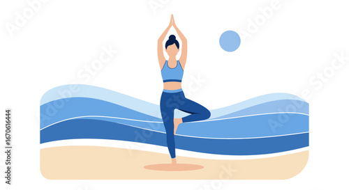 Woman Practicing Tree Pose On Beach Under Blue Sun For Well Being
