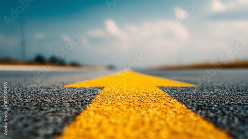 A close-up view of a yellow arrow marking the road under a bright blue sky.