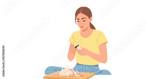 Woman Prepares Fresh Garlic for Culinary Recipes on Cutting Board