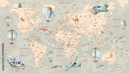 children's picture world map with airplanes and balloons in retro style for children's wallpapers and backgrounds and illustrations