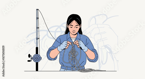 Woman preparing fishing line for a successful angling adventure in nature cartoon drawing