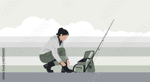 Woman Preparing Fishing Gear Before Casting Line on the Water Fresh Adventure