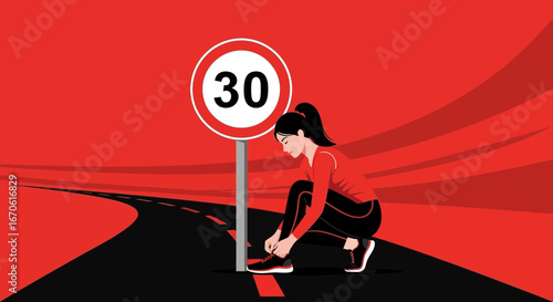 Woman Preparing For A Road Race Next To A Sign Post With Number Thirty