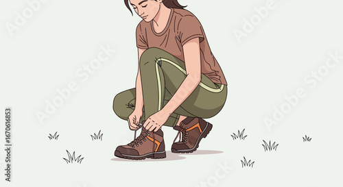 Woman Preparing For Outdoor Adventure By Securing Hiking Boots Laces