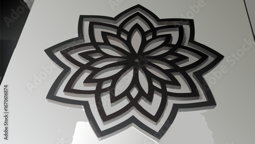 A black layered flower design with a geometric pattern on a white surface creating shadows around it |  editable eps vectors silhouette