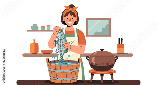 Woman Preparing Fresh Fish Dish In Kitchen With Traditional Cookware