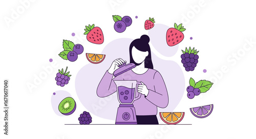 Woman Preparing Healthy Smoothie with Fresh Fruits And Blender Illustration