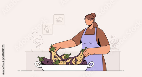 Woman Preparing Stuffed Eggplant Dish For a Healthy Meal at Home
