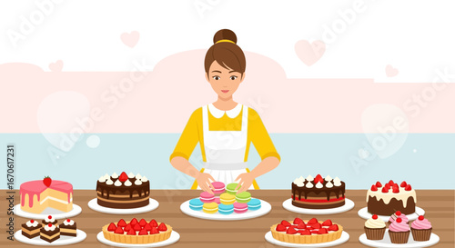 Woman Preparing Sweet Treats With Cakes And Macarons In Pastry Shop