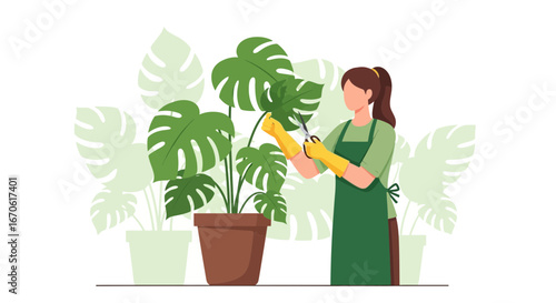 Woman Pruning Monstera Deliciosa Houseplant in Pot With Scissors at Home