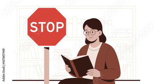 Woman Reading A Book Ignoring The Stop Sign In Front Of Her Shelves