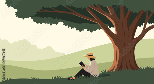 Woman Relaxing And Reading Book Under Shade Of Big Tree In Nature