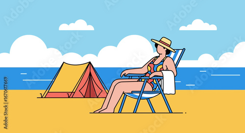 Woman Relaxing In Beach Chair Enjoying Summer Vacation By The Sea