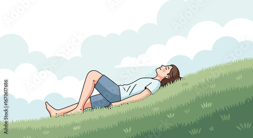 Woman Relaxing On A Grassy Hill Under A Cloudy Sky Serene Cartoon