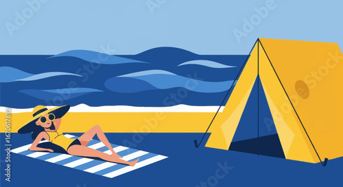 Woman Relaxing On Beach By Tent Vacation Summer Time Illustration