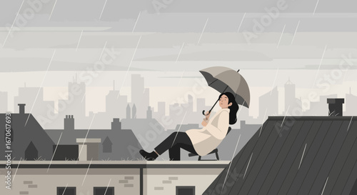 Woman Relaxing On Rooftop In The Rain With Cityscape Enjoying The Weather