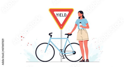 Woman Resting With Her Bicycle Beside a Yield Sign In Flat Vector