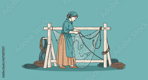 Woman Repairing Fishing Net By Hand With Traditional Maritime Skills