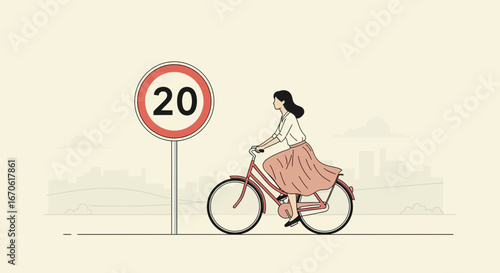 Woman Riding A Bicycle Near A 20 Speed Limit Road Sign Illustration