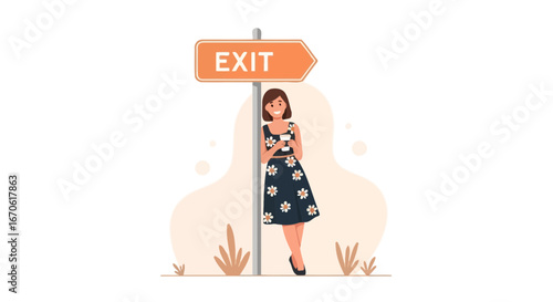 Woman Resting Near Exit Sign With A Cup After A Long Travel Route