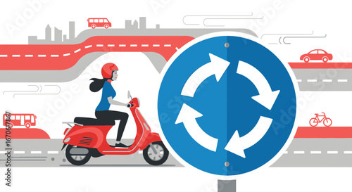 Woman Riding a Scooter on a Roundabout Road With Traffic Sign