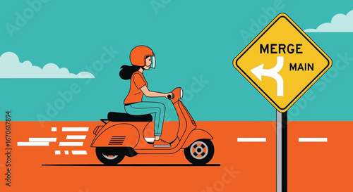 Woman Riding a Stylish Orange Scooter Near Merge Traffic Sign Graphic Design