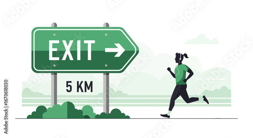 Woman Running Towards The Exit Mark Sign For 5km Marathon Distance