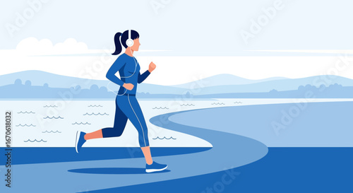 Woman Running With Headphones Along A Scenic Waterfront Path For Fitness