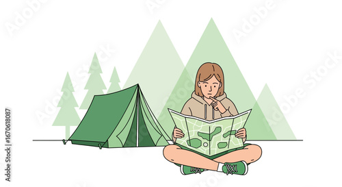 Woman Seeks Direction On A Map While Camping In Front Of Her Tent