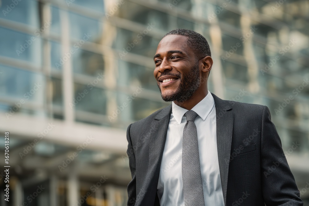 Naklejka premium Joyful African American Manager Strolling Past Modern Office Building