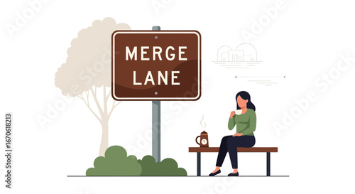 Woman Sits And Enjoys A Peaceful Coffee Break Near A Merge Lane Sign