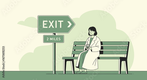 Woman Sitting On Bench Near Exit Sign And Holding Coffee Cup Illustration