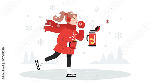 Woman Skating And Drinking A Hot Beverage On A Winter Day Illustration