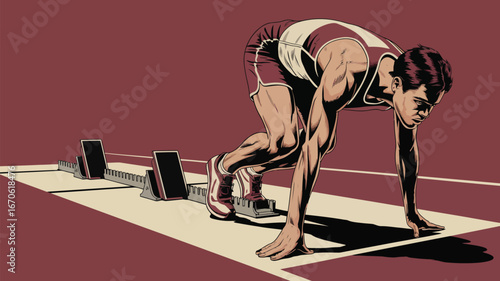 A sprinter in a starting position on a track with starting blocks ready for a race in an illustration