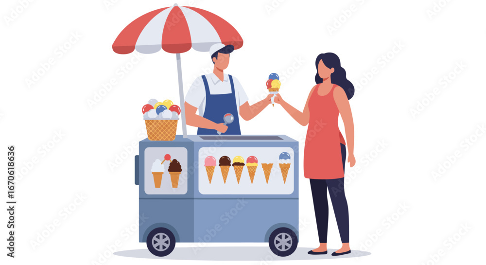 Naklejka premium A vendor selling ice cream to a customer from a colorful cart under a striped umbrella.