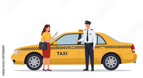 A woman hailing a yellow taxi cab, interacting with the driver, ready to travel.