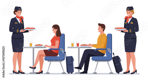 Smiling flight attendants serving food to passengers seated at an airplane meal service.