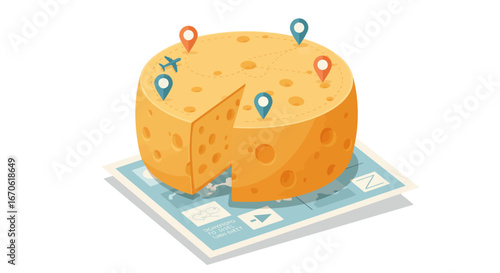 A large wheel of cheese with geographical markers, symbolizing global trade or distribution.