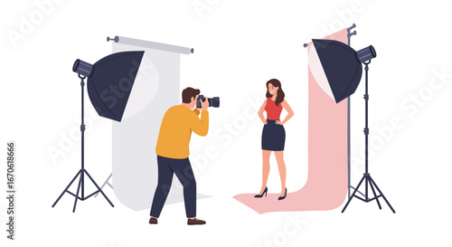 Photographer capturing a model in a professional studio setting.