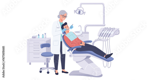A female dentist examines a male patient in a dental chair, using tools and wearing gloves, in a modern dental office setting.