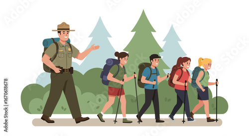 A park ranger leads a group of hikers with backpacks and trekking poles on a trail through a forest.