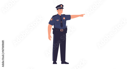 A police officer in uniform stands and points to the right with his arm extended against a white background.