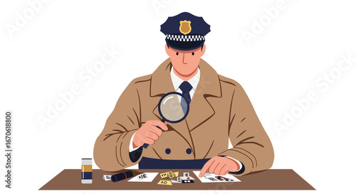 A police detective in a trench coat and cap meticulously examines crime scene evidence with a magnifying glass.