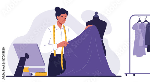 A fashion designer examining fabric draped over a mannequin in a studio setting, planning.
