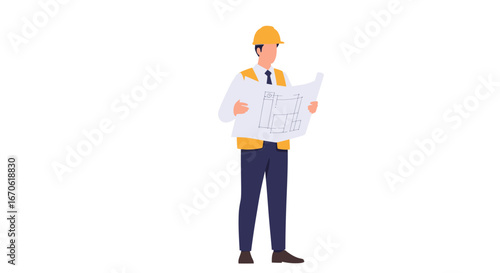 Engineer reviewing architectural blueprints, construction plans, site survey.
