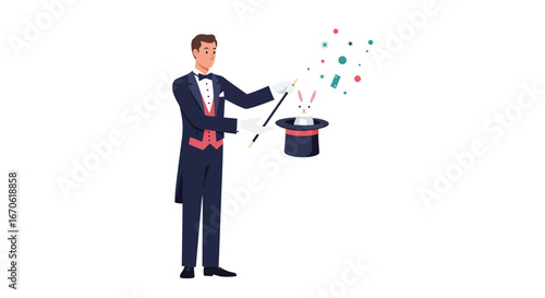 A magician in formal attire performs a magic trick, pulling a rabbit from a top hat, with colorful confetti erupting around them.