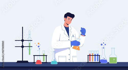 A male scientist in a lab coat and gloves conducts a chemical experiment in a modern laboratory.